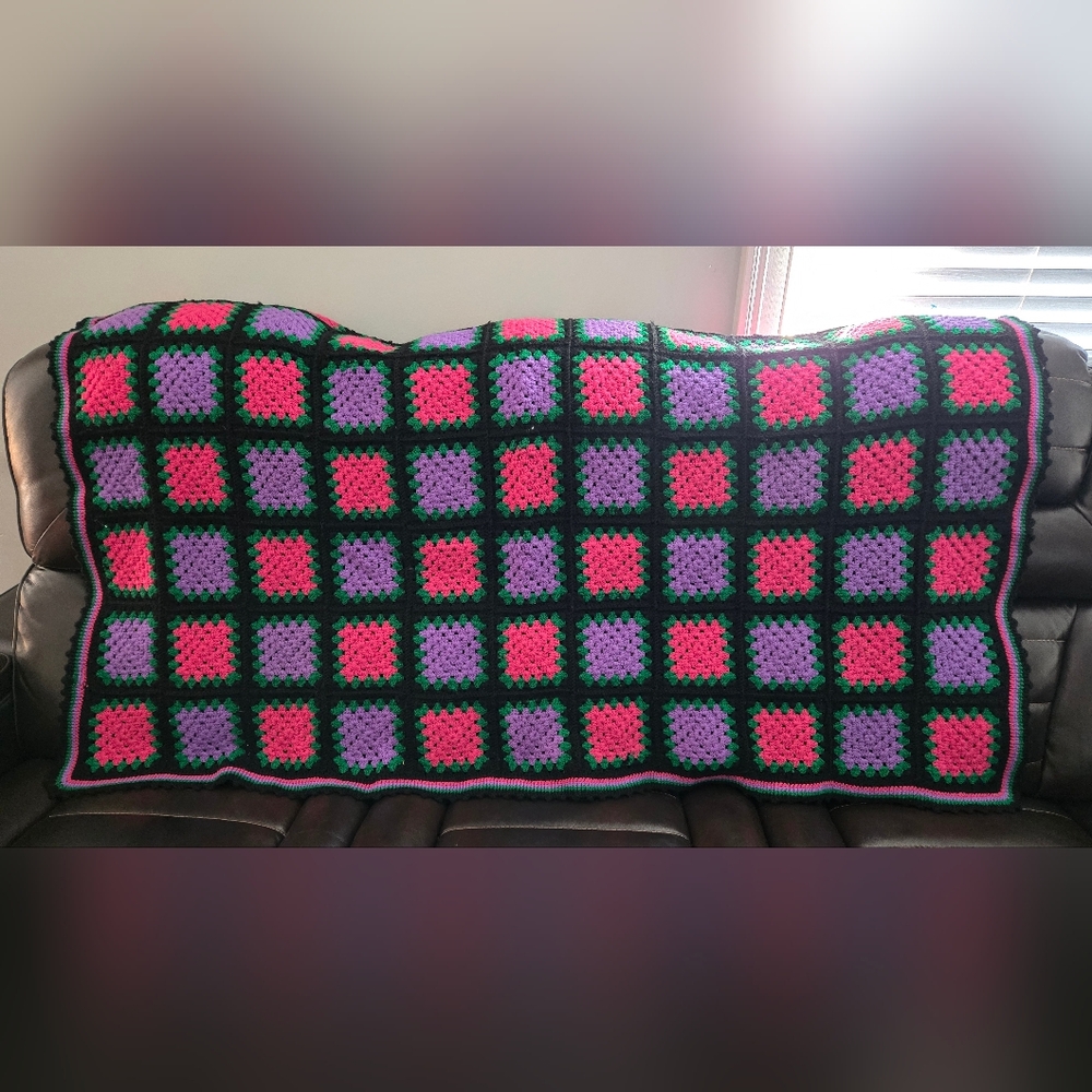 Vintage Handmade Granny Square Afghan Blanket. Black, Purple, Pink,Green 58 X 47